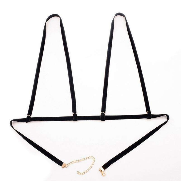 2/$30 NWOT Black Velvet Gold Detail Bra Chest Harness Sexy Club Lingerie - Picture 2 of 3